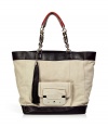 Bring instant glamour to your look with this luxe shoulder bag from Diane von Furstenberg - Large tote style, suede with leather accents, small front flap pocket with silver-tone lock closure, chain-detailed handles with leather accents, tassel charm detail - Pair with a chic office ensemble or a jetset-ready look