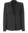 Classic blazer in black rayon blend - simple and reduced, a basic piece for the office - slim short revers - one button - slim, straight and figure hugging cut in a new length - very long slim sleeves - pairs with all office skirts, from pletaed to bell shape to pencil