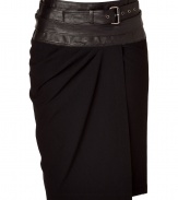 Luxurious skirt in fine black wool-rayon stretch - Immensely flattering and elegant, yet comfortable - Stylish wrap draping and exquisite, wide leather yoked waist with belt - Slim cut, comfortable mid-thigh length - A dream of a skirt for chic evening events - Wear with a tunic, silk blouse, top and blazer