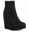 Stylish black suede platform booties - These comfortable and chic booties are the perfect addition to your fall wardrobe - Of-the-moment platform wedge style and an easy to style versatile color - Style with an A-line dress, ribbed tights, and a boyfriend sweater for cold weather chic - Try with skinny jeans and a pullover