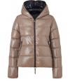 A sleek outer shell and vibrant contrast lining lend this Duvetica down jacket its sporty and stylish edge - In a lighter weight, wind- and water-resistant taupe polyamide with black trim - Slim cut tapers through waist and fits close to the body for extra warmth - Full zip, hood and oversize diagonal zippered pockets at front - Perfect for cold weather casual looks - Pair with denim, leggings and cords