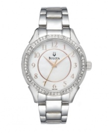 Magnificent details shine on this luminous watch from Bulova. Stainless steel bracelet and round case. Bezel embellished with crystal accents. White mother-of-pearl dial features applied rose gold tone numerals at markers, three rose gold tone hands and logo. Quartz movement. Water resistant to 30 meters. Three-year limited warranty.