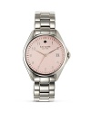 A classic watch design from kate spade new york is extra striking in stainless steell. A bold linked bracelet and rose-colored face add an extra stroke of polish.