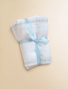 Soft cotton burp pads, decorated with cute blue dot trim.Includes two padsMachine washCottonImported