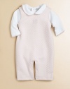 An utterly enchanting, two-piece scalloped bodysuit and quilted overall set crafted in ultra-soft pima cotton. Bodysuit Ruffled Peter Pan collarLong sleeves with scalloped cuffsBack snapsBottom snaps Jumper Round necklineSleevelessShoulder snapsBottom snapsPima cottonMachine washImported Please note: Number of snaps may vary depending on size ordered. 