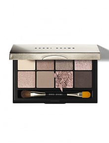 The essence of late summer in 8 sultry shades for that tawny glow that happens just before dusk. Featuring a mix-and-play palette of neutral shadows to transition you effortlessly from summer to fall: a light base shade, six medium lid shades and a dark liner shade. Includes a dual-ended Eye Shadow and Eye Liner brush, all in a sleek mirrored compact so you can apply everything like a pro.