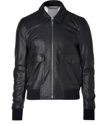 With sleek bomber-inspired styling, this sumptuous leather jacket adds urbane-cool to your transitional new-season looks - Spread collar, long sleeves with ribbed cuffs, front zip closure, front flap pockets, ribbed hem - Wear with a long sleeve henley, straight leg jeans, and motorcycle boots