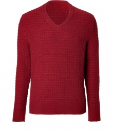 Work an exquisitely luxurious edge into your contemporary knitwear collection with Marc Jacobs deep red textural knit cashmere pullover - V-neckline, long sleeves, contrast knit trim - Modern slim, straight fit - Pair with everything from jeans and tees to chic blazers and slick lace-ups