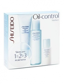 An introductory kit of Shiseido's Pureness oil-control cleansing foam, softener, and moisturizer. Shiseido's Pureness is designed to combat excess oil secretion and lower moisture levels to stop the reoccurring cycle of blemishes, enlarged pores, shiny T-zone and rough dry surface. This three-step daily oil-control regimen includes 2.8 oz. Deep Cleansing Foam, 3.3 oz. Balancing Softener, and 1 oz. Matifying Moisturizer Oil-Free.