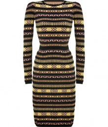 Eye-catching and exquisite, Valentinos black and yellow graphic-knit dress counts as a fashion-forward favorite, tailored to endless pairing possibilities - Rounded neckline, long sleeves, black trim, form-fitting - Pair with peep-toe pumps or flawless ankle boots