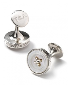 Turnbull & Asser engraving offsets mother-of-pearl insets and two-tone sterling silver on this ready-for-the-event cufflinks.