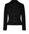 Stylish blazer in a black wool-crepe mix - Features long, trim sleeves, short collar, placket, and short, feminine waist - Simultaneously sophisticated and trendy for many styling options, including with a pencil skirt and heels, or silk blouse, skinny jeans and boots