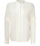 Both feminine and edgy with its uniquely placed pleating, Belstaffs pristine silk blouse is an ultra sleek choice - Short stand-up collar, long sleeves, push-button cuffs, hidden button-down front with push-button at throat, pleated front and sleeve detail, shirttail hemline - Softly tailored fit - Wear with edgy separates and slick leather accessories