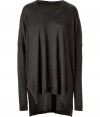 Sumptuously soft and effortlessly elegant, Donna Karans pure charcoal cashmere knit top epitomizes understated luxury - On trend, boxy cut with chic drape detail and pointed hem - Long, fitted sleeves and flattering round neck - Vents at sides, hem hangs longer in the back - A versatile compliment to any wardrobe perfect for pairing with leather leggings, skinny denim and pencil skirts