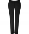 Stylish pant in fine, synthetic fiber and wool stretch blend - Classically elegant in black with subtle, monochrome pin stripe - Modern silhouette is slim and crops at ankles - Pleat detail at front and back extends from hip to hem, lengthening and flattering the leg - Button closure and belt loops - Welt pockets at rear - A sleek, sophisticated go-to for day and evening - Pair with a silk or sequin blouse, a blazer and platform pumps