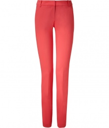 Stylish pants in fine, viscose and synthetic fiber blend - Especially comfortable, thanks to a touch of stretch - Vibrant and on-trend in bright coral - Lower rise, slim cigarette cut crops at ankles - Tab waist, belt loops and slash pockets at sides - Crease detail flatters and elongates the leg - Versatile and ultra-chic, seamlessly transitions from work to weekend - Pair with a silk blouse, blazer and peep toe pumps, or go for a more casual look with a tunic top and flat sandals