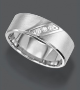 Stately design with just a hint of shine. Triton men's ring features a satin finish, white tungsten carbide band decorated with a three stone diamond design (1/10 ct. t.w.). Sizes 8-15.