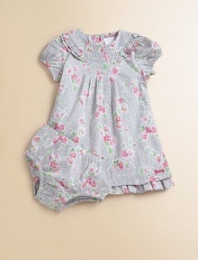 A sweet, frilly floral design with adorable matching bloomers.Crewneck with pleats and rufflesShort cap sleevesBack buttonsRuffled hemElastic waistband and leg openingsCottonMachine washImportedAdditional InformationKid's Apparel Size Guide 