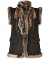 Take a worldly stance on elegance this season in Etros exquisitely luxurious dark chocolate lambskin vest, detailed with tonal fur lining and ultra modern characteristic printed leather patchworking for unique results tailored to multi-season sophistication - Short stand-up fur collar, sleeveless, fur trim, front hook-and-bar closures, front patch pockets, patchworked seaming - Tailored fit - Pair with printed shirts, bright trousers and slipper-style loafers