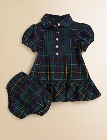 Classically preppy tartan plaid and a pintucked bib front complete a timeless woven cotton dress.Peter Pan collarShort puffed sleevesButton-frontRuffled hemCottonMachine washImported Please note: Number of buttons may vary depending on size ordered. 