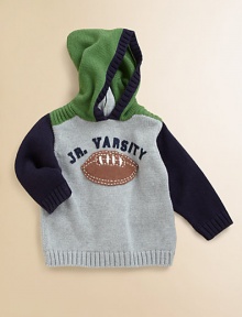 Your little boy will score a touchdown in this knit hoodie with full back zipper and football motif.Attached hoodLong sleevesBack zipperRibbed cuffs and hemCottonMachine washImported