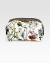 Infinity flora print canvas cosmetic case with zip closure.Mini infinity flora print canvas Leather trim Light fine gold hardware Top zip closure Interior pocket Medium size: 7W x 4.7H x 3.5D Made in Italy  DUE TO HIGH DEMAND, A CUSTOMER MAY ORDER NO MORE THAN 3 UNITS OF THIS ITEM EVERY THIRTY DAYS. 