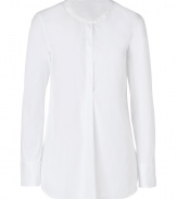 With its pristine look modern collarless neckline, Brunello Cucinellis long sleeve shirt is a sleek choice for pairing with slim fit separates - Collarless, long sleeves, buttoned cuffs, partial hidden front button panel, shirttail hemline - Loosely tailored fit - Wear with slim-fit separates, a luxe cashmere knit and ankle boots