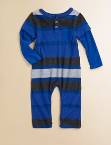 A sporty, striped, button-front one-piece ensemble crafted in a layered-look design for handsome style.CrewneckLayered-look long sleevesButton-frontPatch pocketBottom snaps49% polyester/35% cotton/16% micro modalMachine washImported Please note: Number of snaps/buttons may vary depending on size ordered. 