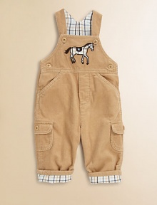 Every little guy needs overalls, and these are especially refined in plush cotton corduroy with a plaid twill lining and a frisky appliquéd horsie on the bib.Button strapsAppliquéd horse on bibMock flyAngled front pocket flapsButton sidesButton flap cargo pocketsBack patch pocketsInseam snaps of back cuffCottonMachine washImported