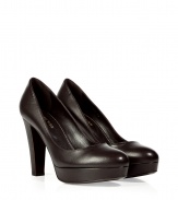 Channel classic style with these luxe leather platform pumps from Sergio Rossi - Rounded toe, front platform, chunky heel, slip-on style - Wear with skinny jeans, leather leggings, or a figure-hugging cocktail sheath