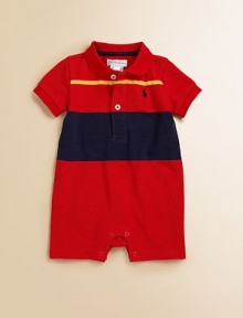 Colorful stripes update the classic polo shortall in breathable cotton mesh.Ribbed polo collarShort sleevesButton frontBottom snaps for easy on and offCottonMachine washImported Please note: Number of buttons/snaps may vary depending on size ordered. 