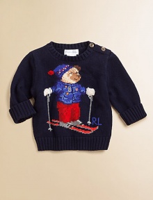 A cozy flat-knit sweater is updated with an intarsia-knit bear for a preppy look.Ribbed crewneckLong sleeves with turn-back cuffsShoulder buttonsCottonMachine washImported Please note: Number of buttons may vary depending on size ordered. 