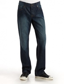 Slightly fitted, yet exceptionally comfortable, this slim-fit cotton denim classic comes in the season's trendiest hue.Mid-width waistband with belt loops Front zipper and button fly Five-pocket style Contrast stitching and logo patch at backpocket Inseam, about 34 Cotton; hand wash or machine wash Imported