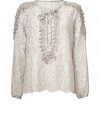 Detailed in intricate lace, Anna Suis silver-grey top is an exquisite take on lady-chic - Slit neckline with tie at throat and tonal trim, long sleeves with tonal trim on the shoulders, scalloped hemline - Loose fit - Play with contrasts and style with an edgy leather leggings and slipper-style loafers