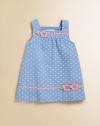 A precious corduroy, A-line design with polka dots, ric-rac trim and flower appliqués for your little fashionista.SquareneckShoulder straps with back button closurePleated bodiceCottonMachine washImported