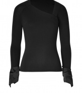 Both contemporary and incredibly chic, Donna Karans satin cuffed top lends an understated edge of dark glamour to your look - Wrapped elasticized asymmetrical neckline, wrapped satin cuffs - Form-fitting - Team with jet black knits and luxe streamlined accessories