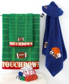 Take a time out for bath time with this Play Ball bath towel, featuring a football field design in pure cotton, accented with a football appliqué.