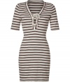 Stylish dress in fine cotton - fashionable stripe in brown and ivory - elegant details like decorative laced bodice and sleeves in new half-length - slim and racy, V-neck and mini-skirt - a knock-out for summer parties and other nice occasions - put it with trendy wedge sandals or platform pumps