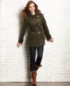 Attention! Enlist in fashion's chic army with this sleek, military-style coat that flaunts stately, faux-leather piping and an assembly of gold-tone buttons. From JJ Basics.