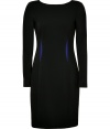 Cut a feminine figure at cocktail hour in Versaces razor sharp black stretch sheath, detailed with contemporary royal blue trim for an exquisitely modern finish - Rounded neckline in front, V-neckline in back, long sleeves, hidden back zip - Form fitting - Pair with sleek pumps and a statement clutch