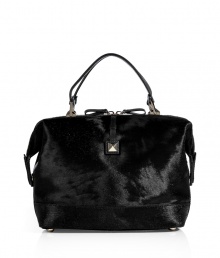 Ultra luxurious with its silky black haircalf, Valentinos rockstud accented tote guarantees a covetable lady-chic edge to your look - Double top handles, two-way top zip, snapped side tabs, inside zippered back wall pocket, 2 front wall slot pockets, tonal leather trim throughout, protective feet - Carry as an elegant finish to sharply tailored looks