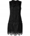 With its demure round collar and sultry black lace, Anna Suis sleeveless sheath is a sweet and chic take on the Little Black Dress - Round collar, sleeveless, dropped waistline, softly gathered skirt, hidden back zip, scalloped hemline - Softly tailored fit - Wear with heels and a leather biker jacket