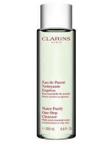 Water Purify One-Step Cleanser with Mint Essential Water. Innovative new facial cleanser removes make-up and impurities, refreshes, soothes and protects in one easy step; no rinsing required Leaves face feeling fresh Ideal for Combination Skin 6.8 oz.