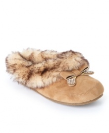 Pamper yourself every moment of the day. The Prettier slippers by Jessica Simpson combine soft suede and fuzzy fur for glamour no matter the time.