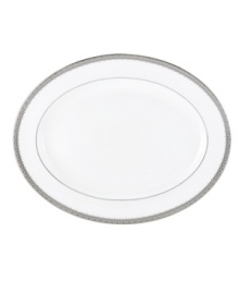 Inspired by the trim on an elegant gown, the graceful Lace Couture oval platter features an intricate platinum border that combines harmoniously with white bone china for unparalleled style. From Lenox. Qualifies for Rebate