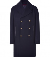 Luxurious coat of fine, navy blue wool blend - A dream coat has a classic peacoat design with modern details - The silhouette is slim and pleasantly long - Double-row of buttons, decorative welt pockets, a typical collar and long sleeves - Adjusts to a suit just as well as a cashmere sweater - A coat youll have and wear forever