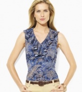 Chic ruffles lend romantic charm to the neckline of this sleeveless Lauren by Ralph Lauren top, rendered in flattering jersey.