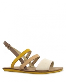 A color block design from Luxury Rebel--neutral tan hues are brightened by a bright mustard strap on this summery sandal.