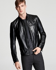 A sleek, trim, sophisticated jacket with a bit of edge for downtown appeal, rendered in sumptuous leather for a dramatic look anywhere you go.