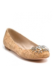 Gleaming crystals add classy contrast to a pair of natural cork flats from Joan & David.